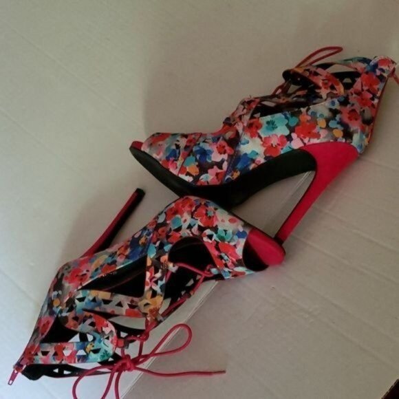 STILETTO HEELS PUMPS SHOES Pink Floral Peep Toe Lace Up Qupid Women's WOMAN'S 10 - Picture 9 of 16